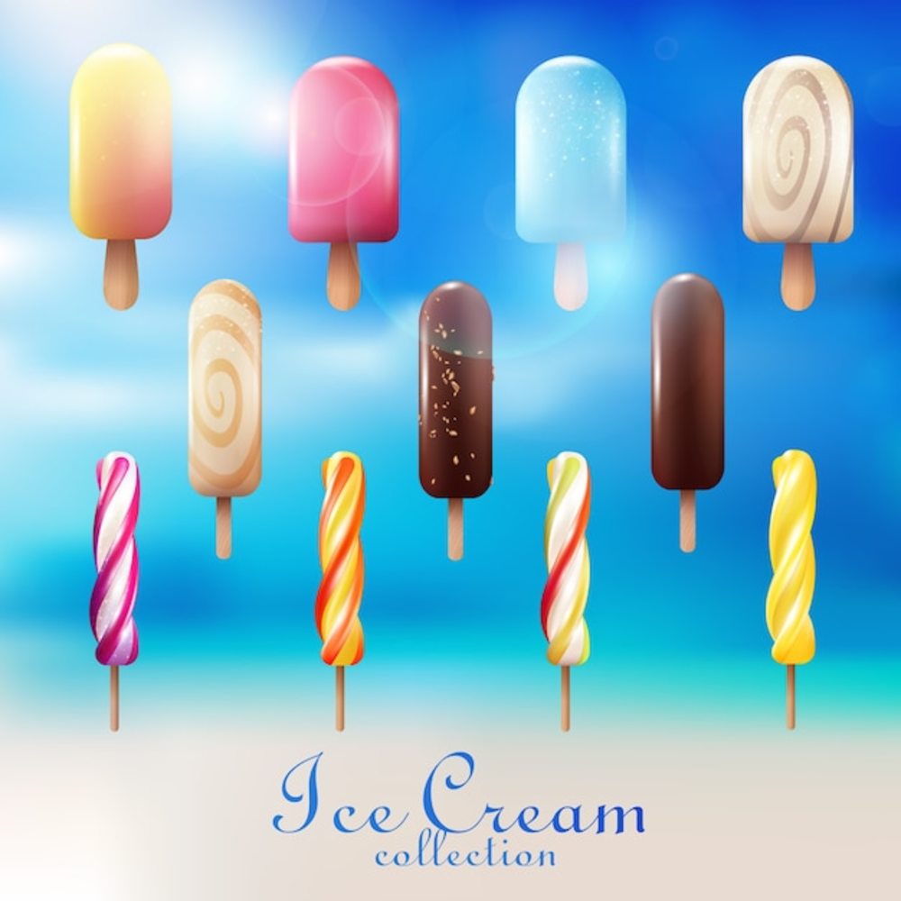 浅蓝色上配有冰棒和爱斯基摩品种的逼真彩色冰淇淋